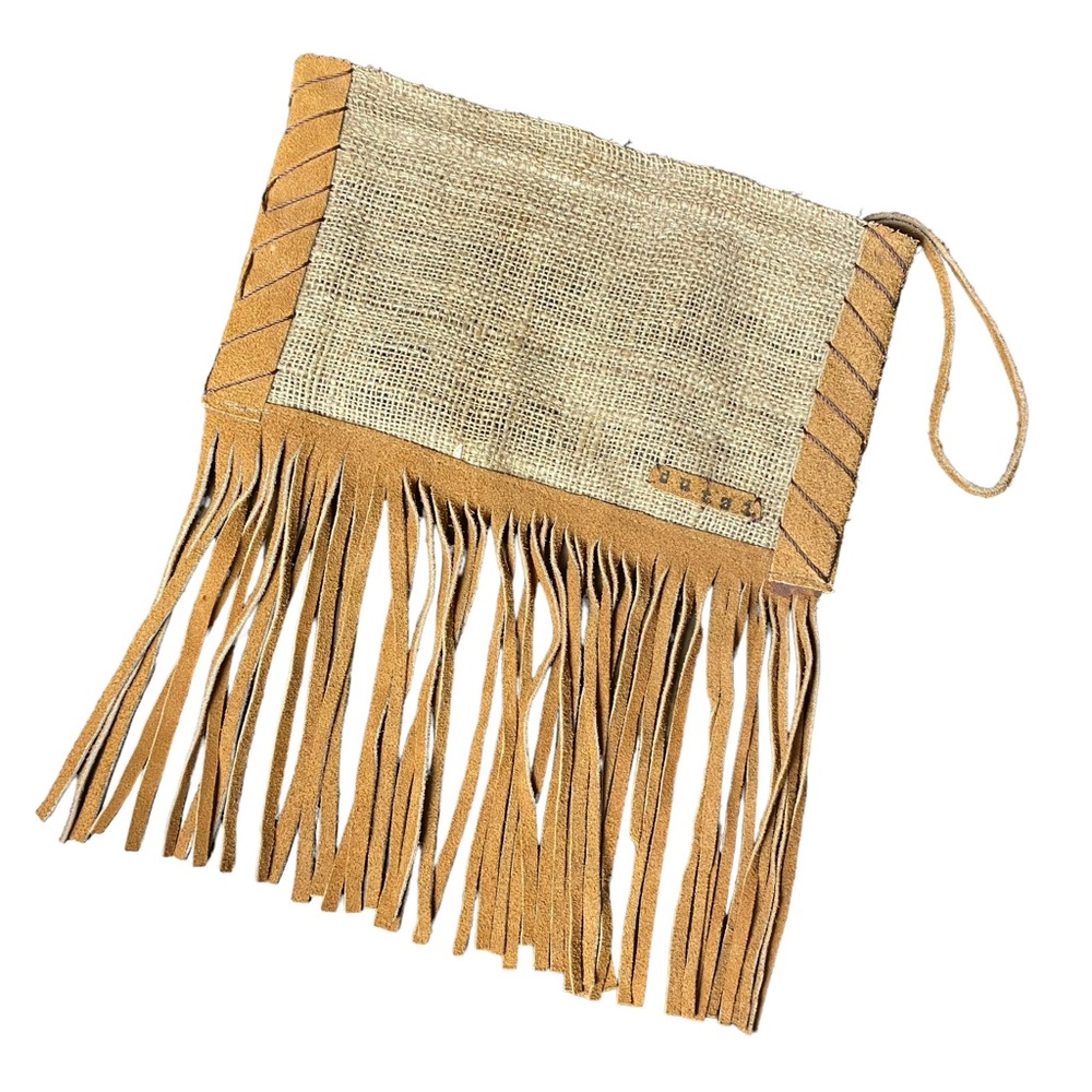 Fringed Straw Wristlet Clutch in Tan